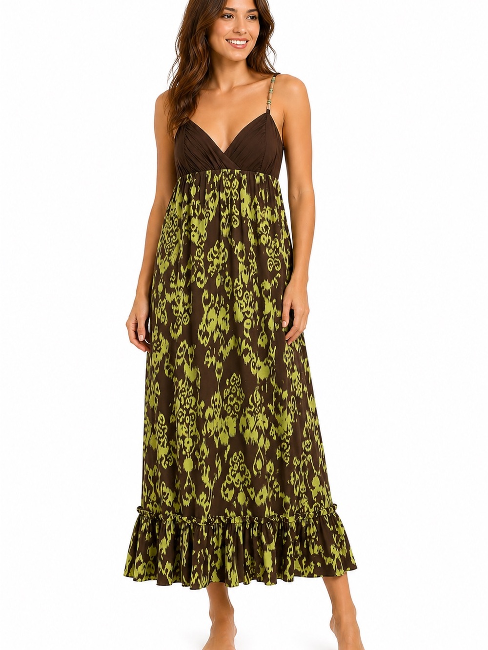 Intrigue Babydoll Maxi Dress Brown Green Print Spaghetti Strap Ruffle Hem Large‎